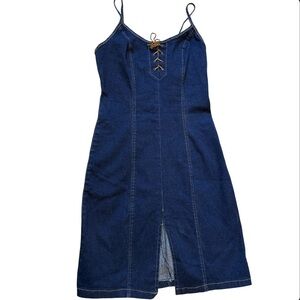 Helium Vintage Y2K Dark Blue Denim Dress Front Tie-Up Size Small